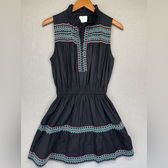 Sundays Mini Black Boho Sleeveless Poplin Dress Women Small Embroidered Belted - Picture 6 of 11